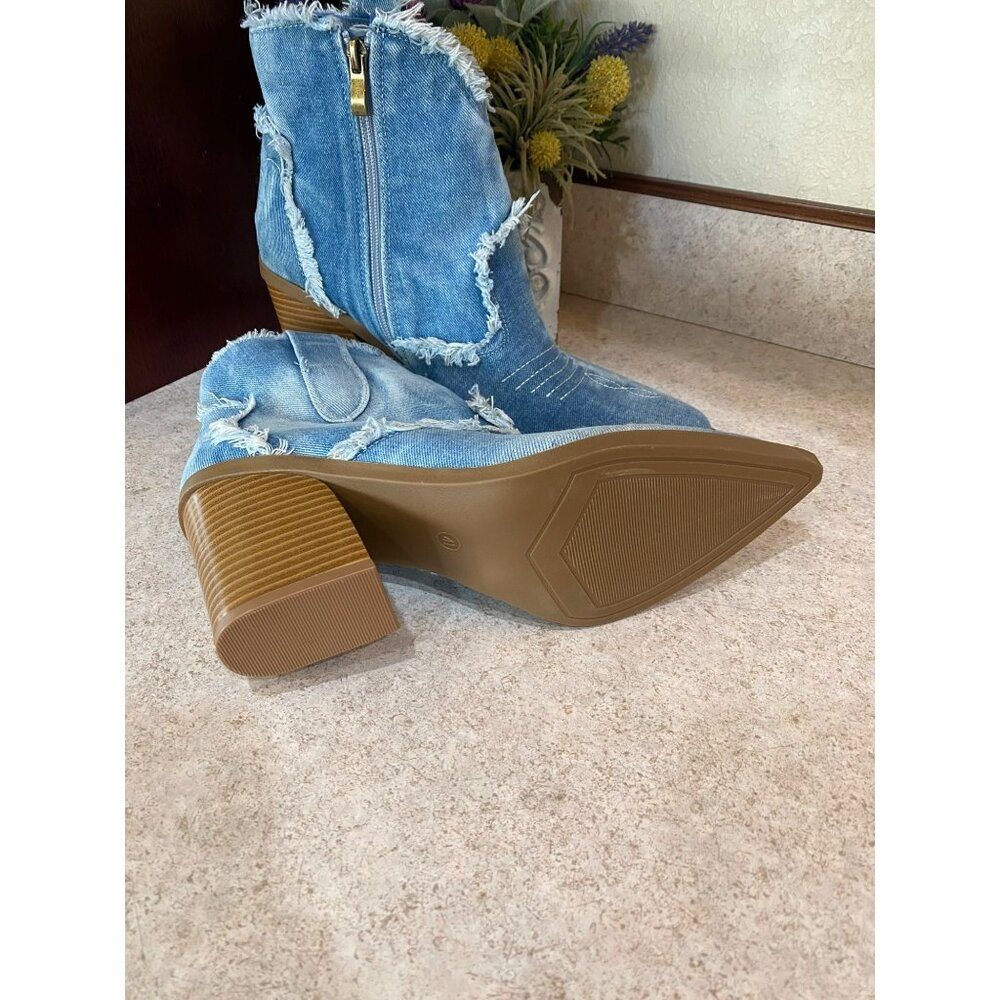 Distressed Denim Ankle Boots With Chunky Heels & Zipper Closure - Picture 5 of 11